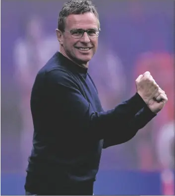  ?? JENS MEYER/AP ?? LEIPZIG’S HEAD COACH RALF RANGNICK celebrates during the German Bundesliga soccer match between RB Leipzig and SC Freiburg in Leipzig, Germany, on April 27, 2019.