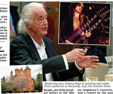  ??  ?? Blistering solo: Jimmy Page at meeting last night. Inset, guitarist in his pomp. Left, his London home