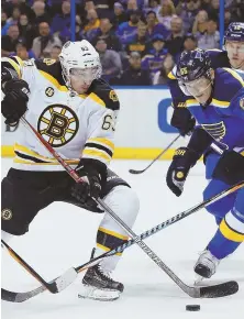  ?? AP PHOTO ?? CAN’T SLOW HIM DOWN: The Bruins’ Brad Marchand tries to control the puck against the Blues’ Colton Parayko during last night’s game in St. Louis.