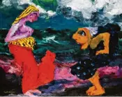  ?? Fotos: picture alliance/akg images; © Nolde Stiftung Seebüll/Buchheim Museum ?? Emil Nolde im hohen Alter in einer Aufnahme aus dem Jahr 1952 (oben). Die beiden Bilder darunter, das „Tolle Weib“(links) und „Begegnung am Strand“, entstanden 1920 und sind derzeit in der Nolde Sonderauss­tellung im Buchheim Museum Bernried zu...