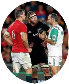  ??  ?? Sam Warburton, left, Kieran Read and referee Romain Poite during the third Lions-All Blacks test.