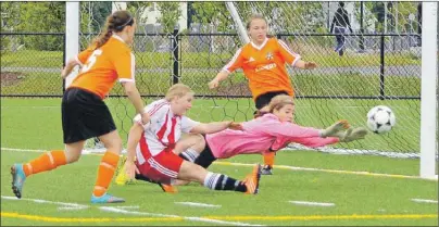  ?? DAVID JALA/CAPE BRETON POST ?? Cape Breton keeper Anna Gillis punches away a shot from Kyla Bent of Halifax Dunbrack while Sam Lawrence, left, and Emma Ferguson, right, look on during Nova Scotia Soccer League girls under-14 action on Saturday at Open Hearth Park field in Sydney....