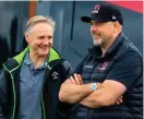  ??  ?? Joe Schmidt with new Ulster head coach Dan McFarland yesterday