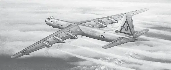  ??  ?? Painting of Bomber 075 by Kamloops artist John Rutheford. With a wingspan of 230 feet, the B-36 was the largest bomber ever built.