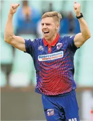  ?? Picture: ANESH DEBIKY/GALLO IMAGES ?? BLITZING THE HEAT: Anrich Nortje celebrates the wicket of Hashim Amla during the Mzansi Super League match between Durban Heat and Cape Town Blitz at Sahara Stadium Kingsmead, in Durban, on Sunday