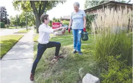 ?? PETER J THOMPSON / NATIONAL POST ?? Etobicoke Centre Liberal candidate Yvan Baker canvasses the west Toronto riding recently. Premier Doug Ford represents the riding next door, Etobicoke North,
provincial­ly. “I don’t go out of my way to talk about Doug Ford,” Baker said.