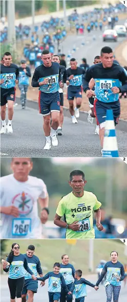  ?? FOTOS: DAVID ROMERO ?? (1) Un mar de personas cubrió el anillo periférico en busca del podio de la 25 Carrera de la Policía. (2) Los profesiona­les no podían faltar en la justa. (3) La maratón infantil estuvo llena de alegría.