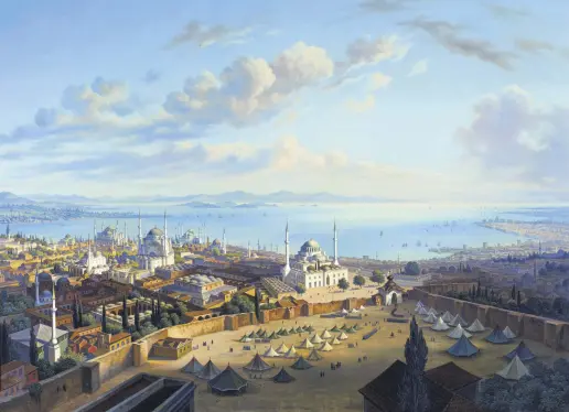  ??  ?? A painting by Hubert Sattler depicts Beyazıt Square when a part of the Old Palace was allocated to military authoritie­s.