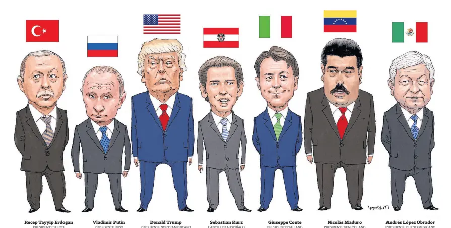  ??  ?? Recep Tayyip Erdogan Vladimir Putin Donald Trump Sebastian Kurz Giuseppe Conte Nicolás Maduro Andrés López Obrador presidente turco presidente ruso presidente norteameri­cano canciller austríaco presidente italiano presidente venezolano presidente electo mexicano