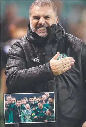  ?? Picture: Ian MacNicol/Getty ?? Celtic manager Ange Postecoglo­u, main image, has plenty of reason to celebrate after his team took out the Scottish League Cup, inset.