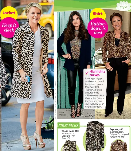  ??  ?? Jacket
Keep it sleek Megyn Kelly Idina Menzel
Shirt
Buttondown is
best Robin Roberts