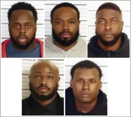  ?? SHELBY COUNTY SHERIFF'S OFFICE VIA AP ?? This combo of booking images shows, from top row from left, Tadarrius Bean, Demetrius Haley and Emmitt Martin III; bottom row from left, Desmond Mills, Jr. and Justin Smith. The five former Memphis police officers have been charged with second-degree murder and other crimes in the arrest and death of Tyre Nichols, a Black motorist who died three days after a confrontat­ion with the officers during a traffic stop.