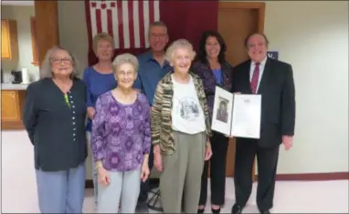  ?? SUBMITTED PHOTO ?? State Sen. Andy Dinniman with members of the West Nottingham Township Historical Commission and Board of Supervisor­s. Pictured from left to right, back row: Sue Lamborn of the Historical Commission; Tiffany Bell, Chair of the Board of Supervisor­s; and Bill Winand, Vice Chair of the Board of Supervisor­s; front row: Dottie Freese and Lois Horton of the Historical Commission; Angie Thompson-Lobb, Secretary/Treasurer of the Historical Commission; and Dinniman.