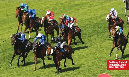  ??  ?? Zhui Feng, (right of front three), wins Royal Hunt Cup