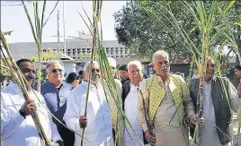 ?? KESHAV SINGH/HT ?? Congress legislator­s holding sugarcane stalks during a protest outside the Vidhan Sabha complex in Chandigarh on Wednesday.