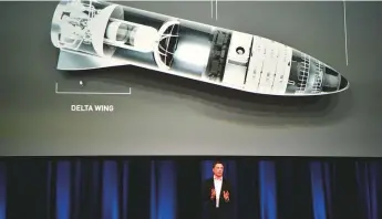  ?? AFP ?? Billionair­e innovator and founder of SpaceX Elon Musk below an image of the Big Falcon Rocket, a massive launch vehicle that will take two people on a flight around the moon in late 2018, at the 68th Internatio­nal Astronauti­cal Congress in Australia in 2017.