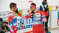  ?? Foto: AFP ?? Russischer Aufstrich: Sergey Ustjugow (rechts) wurde gegen den neuen Sprint-Weltmeiste­r Johannes Hoesflot Klaebo aus Norwegen handgreifl­ich.