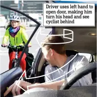  ??  ?? Driver uses left hand to open door, making him turn his head and see cyclist behind