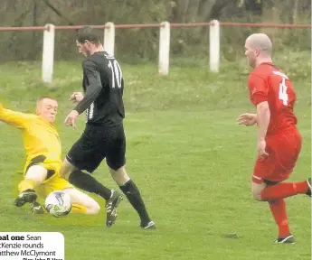  ??  ?? Goal one Sean McKenzie rounds Matthew McClymont
Pics: John B. Vass