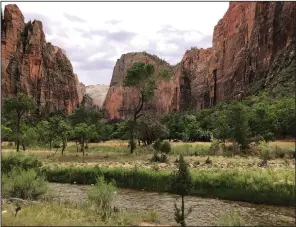  ?? (Los Angeles Times/TNS/Marc Martin) ?? The Virgin River winds through the red rock canyon walls near the Temple of Sinawava in Utah’s Zion National Park.