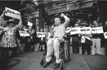  ?? Karen Warren/Staff photograph­er ?? Gov. Greg Abbott speaks at the The Rustic on Thursday. Abbott is playing a lesser role during the state Republican convention than he has in years past.