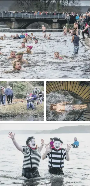  ??  ?? ACROSS THE REGION: Top, swimmers braving the cold waters of the River Wharfe for Otley’s Joe Town Memorial Swim; centre left, West Ayton battle in the Ayton New Year Tug of War; centre right, Ethan Thompson, 18, of Ilkley, takes a dip at White Wells...