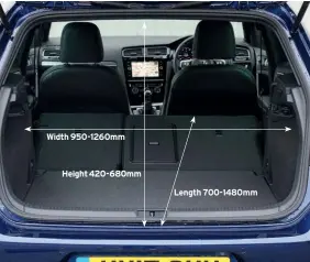  ??  ?? Width 950-1260mm Height 420-680mm Length 700-1480mm As with cabin space, the boot’s dimensions haven’t changed, meaning that it is just about big enough for a decent family shop. Rear seatbacks don’t quite fold flat.