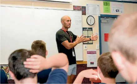  ??  ?? Mr Gay NZ Ricky Devine White spoke to media students at Marlboroug­h Boys’ College about gay representa­tion .