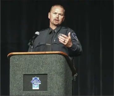  ?? The Sentinel-Record/Grace Brown ?? POLICE CHIEF: Hot Springs Police Chief Chris Chapmond speaks at his badge pinning ceremony in Horner Hall on July 2. Chapmond was the guest speaker at Wednesday’s regular meeting of Hot Springs National Park Rotary Club, held virtually via Zoom, discussing his policing policy and strategies for the future.