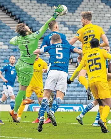  ?? Aerial onslaught. ?? Saints keeper Zander Clark clears the danger under a Livi