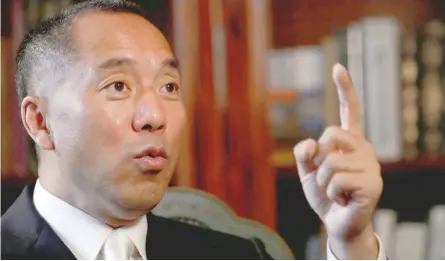  ??  ?? Guo Wengui’s verbal grenades have threatened to derail the carefully orchestrat­ed plans of President Xi, creating what political commentato­r Liang Jing has called the “biggest Chinese political black swan of 2017”.