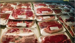  ?? KEITH SRAKOCIC — THE ASSOCIATED PRESS ?? Rows of fresh cut beef in the retail section at the Wight’s Meat Packing facility in Fombell in western Pennsylvan­ia. The U.S. economy shrank at a 1.6% annual pace in the first quarter even though consumers and businesses kept spending at a healthy pace, the government reported.