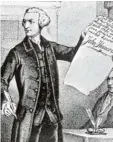  ?? Bild: dpa ?? John Hancock nach Unterzeich­nung der Unabhängig­keitserklä­rung.