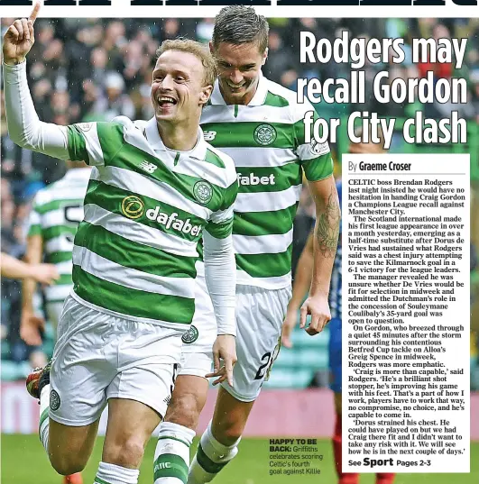  ??  ?? HAPPY TO BE
BACK: Griffiths celebrates scoring Celtic’s fourth goal against Killie