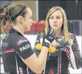  ?? JOEY SMITH/TRURO NEWS ?? Ottawa’s Rachel Homan, right, talks with teammate Joanne Courtney during a break at the Pinty’s Grand Slam of Curling Masters on Tuesday. Homan, who won the title the last time Truro hosted in 2015, defeated Tracy Fleury of Winnipeg 6-2 in Day 1 action.