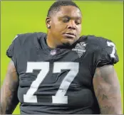  ?? Las Vegas Review-journal @Heidi Fang Heidi Fang ?? The Raiders gave up on offensive tackle Trent Brown, trading him to New England as a part of deal that netted them a fifth-round draft pick. Brown left the Patriots when he signed with the Raiders.