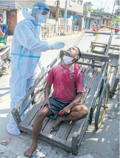  ?? AP ?? A health worker takes a nasal swab sample on a cartpuller during random testing for COVID-19 in a market in Gauhati, India, Friday, October 16, 2020. The Health Ministry on Friday also reported 63,371 new cases in the past 24 hours, raising India’s total to more than 7.3 million, second in the world behind the United States.