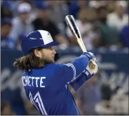  ?? FRED THORNHILL - THE ASSOCIATED PRESS ?? Toronto Blue Jays’ Bo Bichette hits a double against the New York Yankees during the sixth inning of a baseball game Thursday, Aug. 8, 2019, in Toronto.