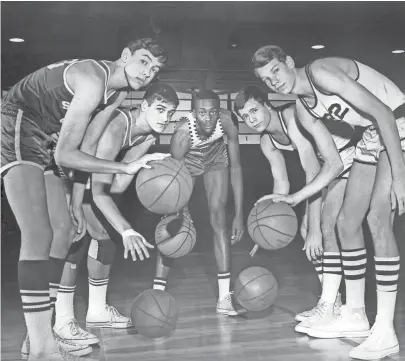  ??  ?? From left, Guard Alex Thompson of White Station, Center Rad Andrews of Snowden, Forward Walter “Slim” Williams of Hollywood, Forward Winston McClain of Colonial and Guard Johnny Neumann of Colonial comprise the 1966 All Memphis Junior High team. All...