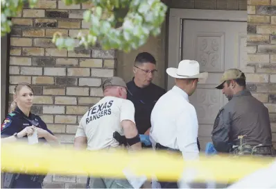  ?? PHOTO BY THE DALLAS MORNING NEWS VIA AP, ABOVE; AP PHOTO, BELOW ?? INVESTIGAT­ION UNDERWAY: Plano police and Texas Rangers work the scene of a shooting at a home in the 1700 block of West Spring Creek Parkway in Plano, Texas, yesterday, above, and on Sunday night, below.