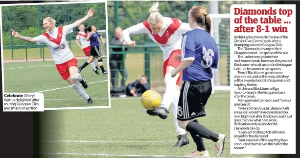  ??  ?? Celebrate Cheryl Watt is delighted after routing Glasgow Girls and (main) in acrtion