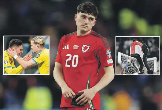  ?? GETTY IMAGES ?? Daniel James of Wales reacts after missing the penalty that saw his team eliminated in a shootout against Poland. Elsewhere, there was delight for Ukraine players, inset left, and Georgia fans, inset right, after their teams qualified for the Euro finals.