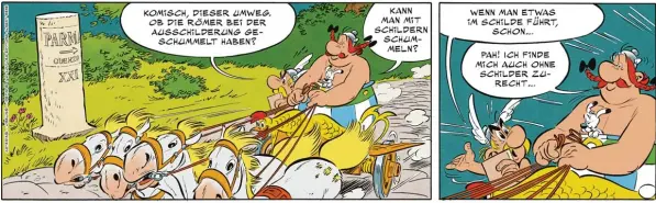  ??  ?? Kann das gut gehen? Obelix lenkt und Asterix denkt. In Band 37 hat der dicke Gallier die Zügel in der Hand. Nach all den Jahren im Schatten von Asterix hat er sich das auch redlich verdient. Die beiden machen dieses Mal die Straßen Italiens unsicher....