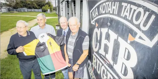  ??  ?? ORIGINAL STRIP: Waipukurau High School Old Boys’ rugby club’s last ever chairman David ‘Snow’ Petersen, club life member and past president Peter Fleming, current president Tony Mackie and Ross Angus, club patron and original amalgamati­on committee...