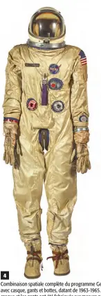  ??  ?? Combinaiso­n spatiale complète du programme Gemini avec casque, gants et bottes, datant de 1963-1965. Le casque et les gants ont été fabriqués sur mesure pour l’astronaute Pete Conrad, le commandant de la mission Apollo 12, et les bottes pour Frank Borman (mission Apollo 8, la première à survoler la Lune). Prix de vente : 162 000 $ US