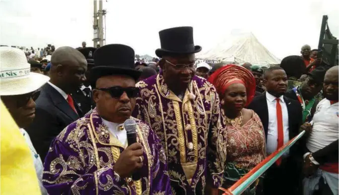  ??  ?? L-R: Bayelsa deputy governor, John Jonah, Secondus, Dickson and his wife, Rachel, at one of the events