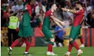 ?? Photograph: Soccrates Images/Getty Images ?? Rafael Leão, Diogo Jota and Bruno Fernandes celebrate during Portugal’s win against Luxembourg.