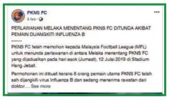  ??  ?? STATUS penundaan perlawanan dimuat naik di Facebook PKNS FC.