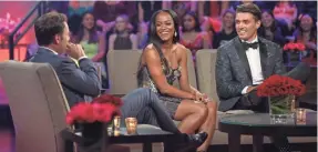  ?? ABC ?? Chris Harrison, Rachel Lindsay and Dean confer in “The Men Tell All,” Monday’s look back at memorable moments from Rachel’s season on “The Bacheloret­te.”