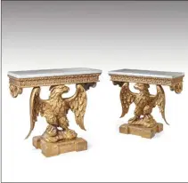  ??  ?? A pair of George II style carved and gilded console tables, ca. 1900-20, 32½ x 36 x 16 in. Courtesy William Cook Antiques.